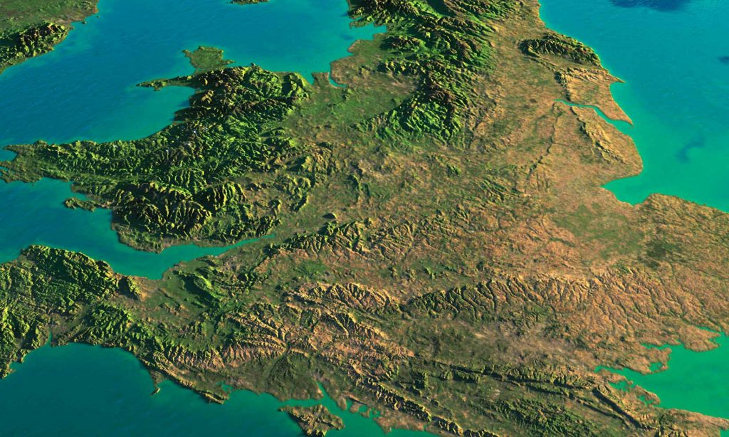 satellite view of the UK – green tones