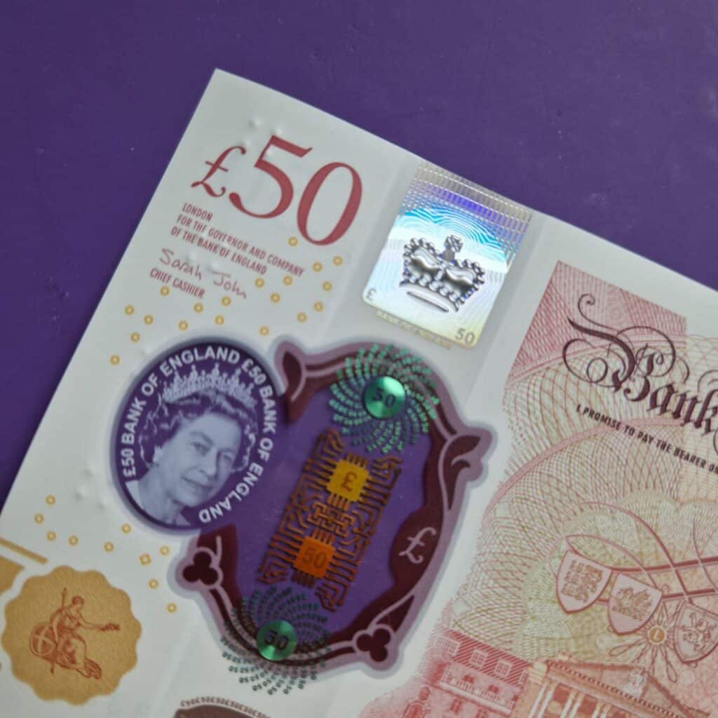 The corner of a £50 banknote