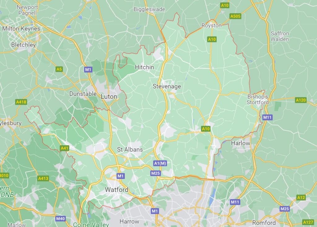 Hertfordshire county on a map