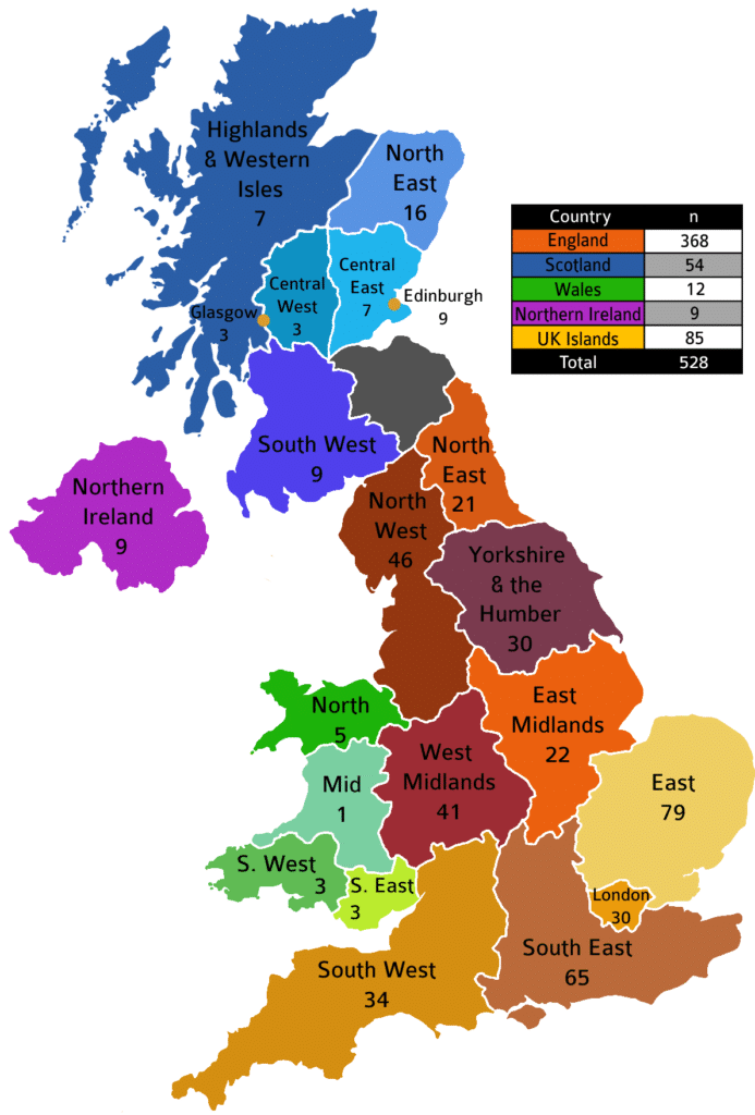 Map of Britain and NI with regions