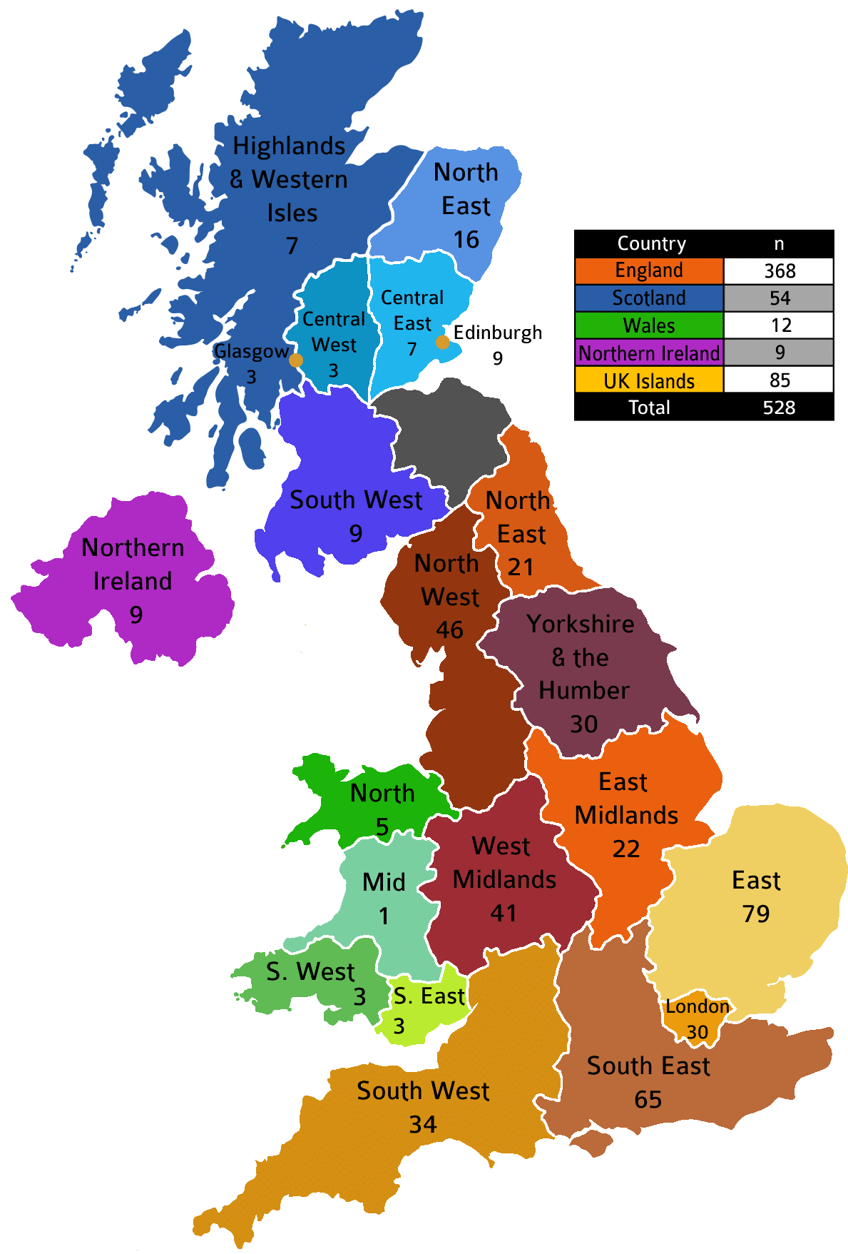 Map of Britain and NI with regions